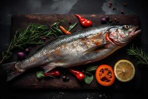 Delicious fresh fish on dark vintage background. Fish with aromatic herbs, spices and vegetables - healthy food, diet or cooking concept photo