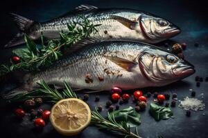 Delicious fresh fish on dark vintage background. Fish with aromatic herbs, spices and vegetables - healthy food, diet or cooking concept photo