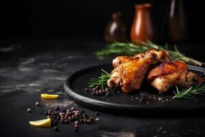 Grilled chicken legs with spices on a black plate on a stone background with copy space for your text photo