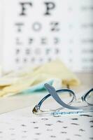 Eyeglasses for children on a eye chart close to eye pads. photo