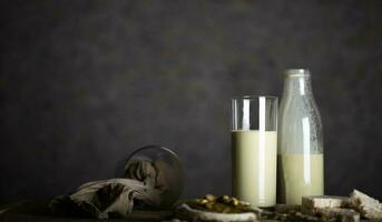 Homemade pistachio nut milk in a glass bottle. photo