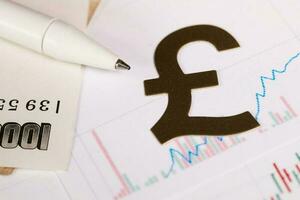 Pen on a banknote. Cutout of British pound sign in the background. photo