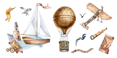 Set of sailing ship, hot air balloon, adventure items watercolor illustration. Spyglass, airplane, ancient map hand drawn. Childish design, element for boy's room, print, postcard. png