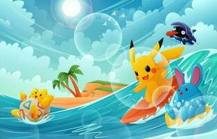 Cute Mouse Playing Surfing with Friends Background vector