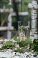 Glass of birch sap water on a birch tree wooden stand. photo