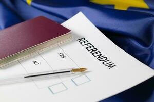 Word YES in focus on an EU Referendum ballot paper. photo