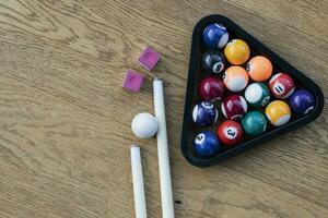 Billiard set. Flat lay photo