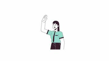 Lady giving high 5 animation. Animated cartoon female office worker having fun. Isolated colour flat line 2D character 4K video footage, white background, alpha channel transparency for web design