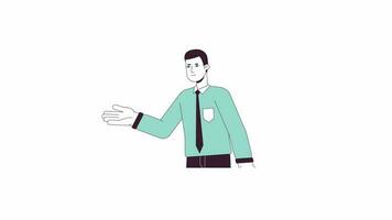 Male teacher talking animation. Animated cartoon boss suit man in office. Isolated colour flat line 2D character 4K video footage, white background, alpha channel transparency for web design