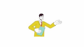 Small business lawyer animation. Animated cartoon male manager with papers. Isolated colour flat line 2D character 4K video footage, white background, alpha channel transparency for web design