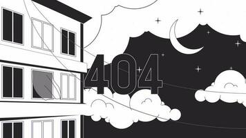 Departamento noche bw 404 animación. Residencial. vacío estado 4k vídeo concepto, alfa canal transparencia. animado lofi antecedentes. monocromo error destello mensaje para web página no encontró, ui diseño video