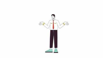 Businessman speech bubble animation. Animated cartoon male office worker shrugs. Isolated colour flat line 2D character 4K video footage, white background, alpha channel transparency for web design