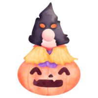 halloween gnoom clip art. waterverf gnoom zitten Aan de pompoen schattig tekenfilm karakter. png