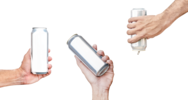 Collection set hand hold mockup shiny aluminum can png