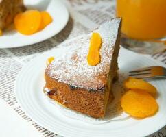 A piece of homemade apricot pie on the white plate photo