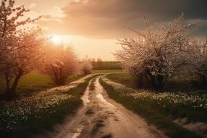 Beautiful spring landscape with blooming cherry trees and road at sunset photo