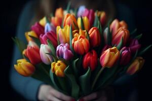 Bunch of tulips in woman's hands, shallow dof photo