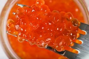 Red caviar on a metal fork. photo