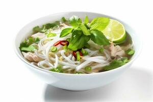 traditional bowl diet noodle background food soup broth white asian dish. Generative AI. photo