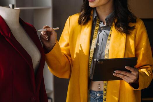 Moda diseñador l joven asiático mujer trabajando utilizando computadora portátil, tableta y sonriente mientras en pie en taller respondiendo en negocio foto