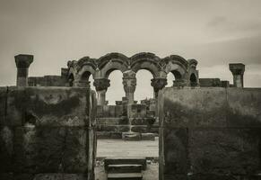 View of ancient column in Zvartnos temple in Armenia concept photo. photo