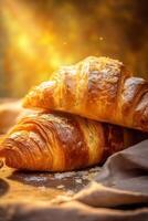 food table bakery bokeh drink background freshness background croissant morning breakfast cup. Generative AI. photo