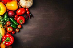 mesa comida antecedentes sano Cocinando vegetariano mercado vegetal Fresco oscuro ingrediente. generativo ai. foto