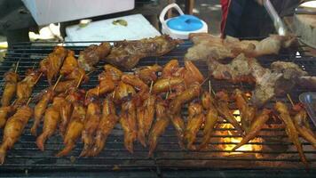 Barbecue chicken and pork on grill stove in market video