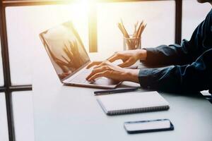 Financial Business team present. Business man hands hold documents with financial statistic stock photo, discussion, and analysis report data the charts and graphs. Finance Financial concept photo