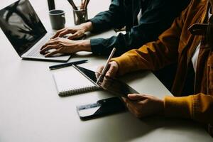Financial Business team present. Business man hands hold documents with financial statistic stock photo, discussion, and analysis report data the charts and graphs. Finance Financial concept photo