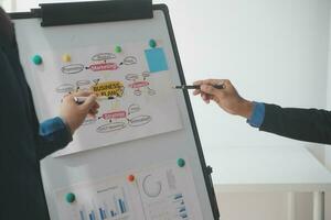 Financial analysts analyze business financial reports on a digital tablet planning investment project during a discussion at a meeting of corporate showing the results of their successful teamwork. photo