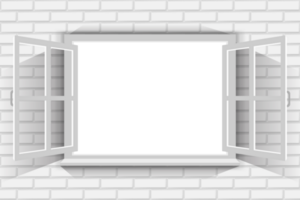 Open white window on brick wall. Copy space for your design. png