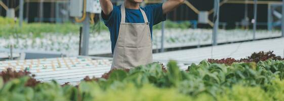 View of an attractive farmer in a greenhouse using tablet photo