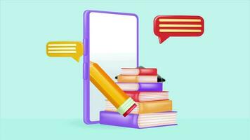 Online learning class on mobile phone, with 3d vector element animation of pile of books and pencils coming out of smartphone, text balloons, lamp and graduation hat. Perfect for online schools video