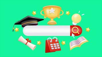 conectados Educação, 3d animado procurar Barra cercado de educacional elementos tal Como graduação chapéus, troféus, calendário certificados, luzes, estrelas e livros. perfeito para Educação video