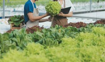 View of an attractive farmer in a greenhouse using tablet photo