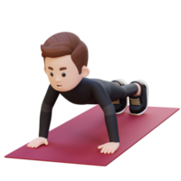 3d deportivo masculino personaje ejecutando estándar empujar arriba ejercicio a hogar gimnasio png