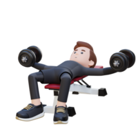 3d deportista personaje esculpir muscular cofre con pesa banco cofre mosca png