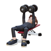 3d deportista personaje esculpir muscular cofre con pesa banco cofre mosca png