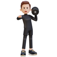 3D Screaming Sportsman Character Engaging Viewers While Holding Dumbbell png