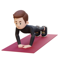 3d deportivo masculino personaje ejecutando cerca apretón empujar arriba ejercicio a hogar gimnasio png