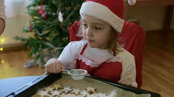 moeder shows naar haar zoon hoe naar Hoes biscuits met suiker poeder gebruik makend van thee spanning video