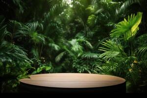 leaf palm space podium mock design platform wooden green color up. . photo