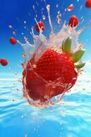 fruit blue food background strawberry splash red water fresh healthy freshness. Generative AI. photo