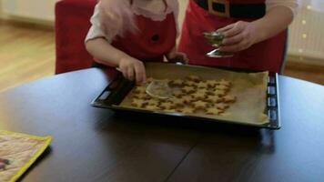 Mother with her two years old daughter is spreading sugar powder on Christmas biscuits video