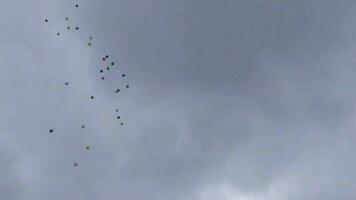 kleurrijk ballonnen vliegend omhoog naar de bewolkt blauw lucht video