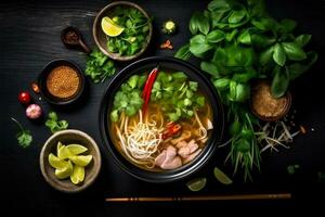 noodle meal vegetable japanese food dish hot soup bowl asian background. Generative AI. photo