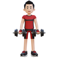 3d deportista personaje ejecutando bíceps rizo con pesa png