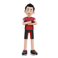 3d desportista personagem exalando confiança com braços cruzado pose dentro uma dinâmico configuração png