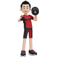 3d desportista personagem dando uma polegares acima enquanto segurando haltere png